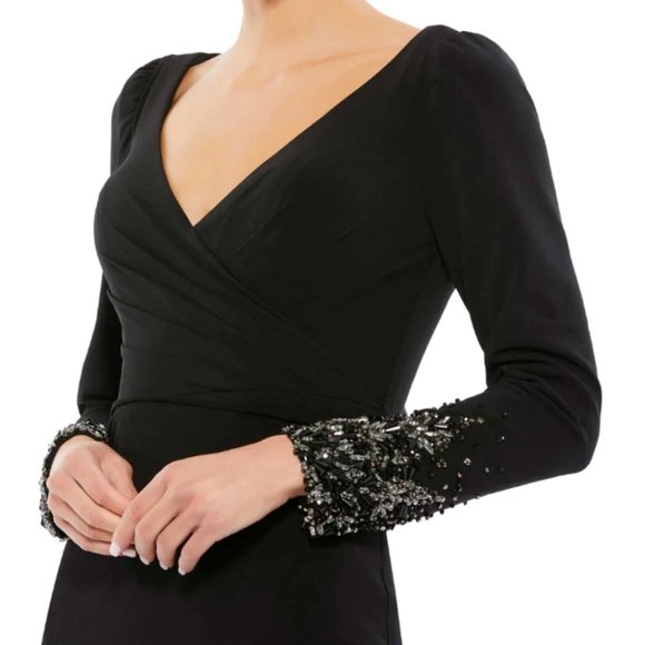 MAC DUGGAL 55712 BEADED CUFF LONG SLEEVE WRAP OVER TRUMPET BLACK GOWN sz 8 - Picture 3 of 6